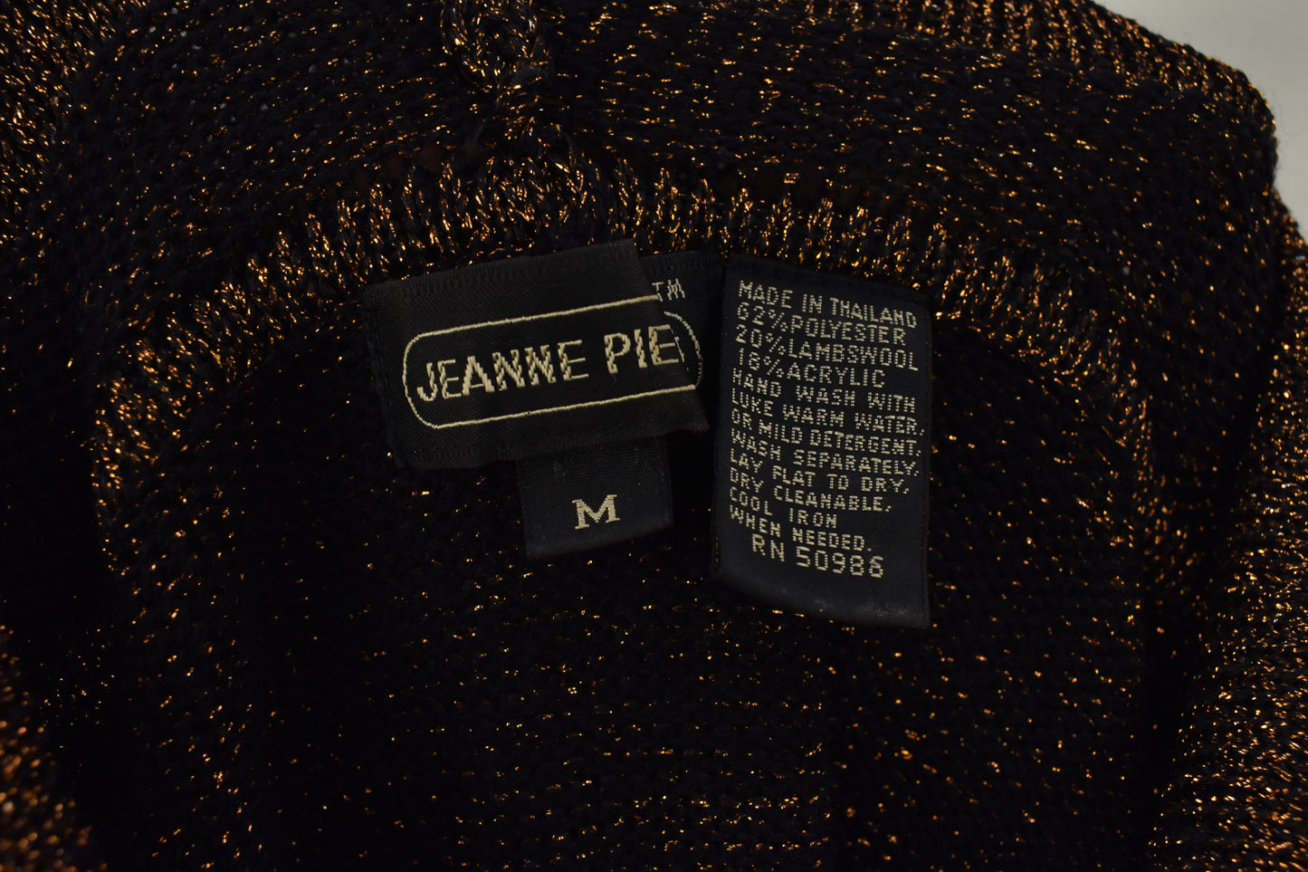 Women's vintage tunic sweater in black wool and cooper bronze metallic Size Medium