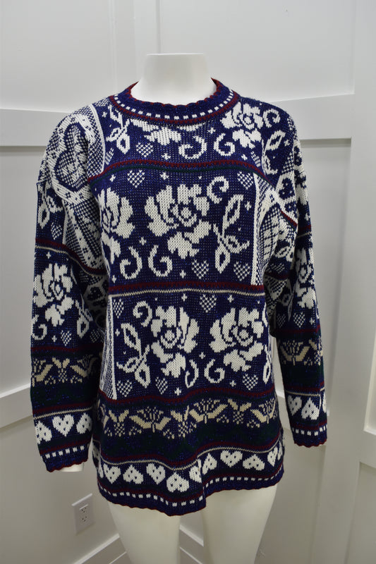 Women's vintage long line sweater in blue and white floral print Size Large