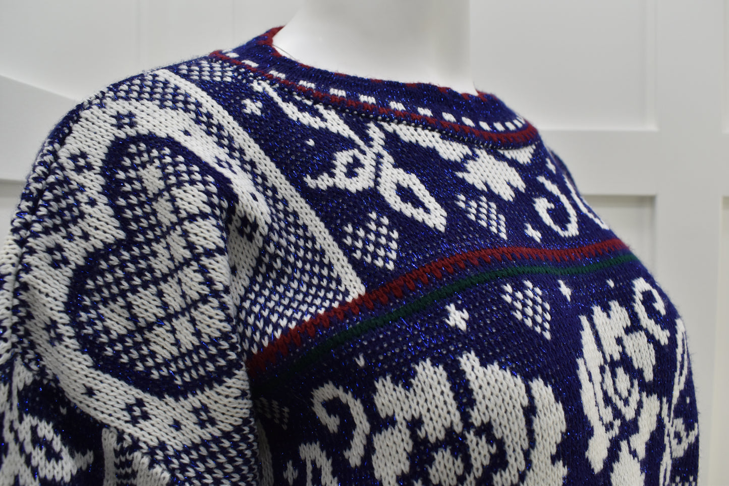 Women's vintage long line sweater in blue and white floral print Size Large