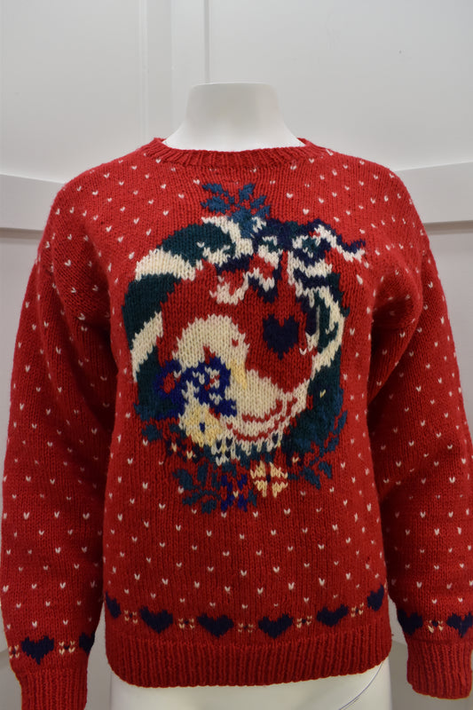 1989 Eddie Bauer Christmas Goose sweater in red wool. Women's Americana novelty knitwear