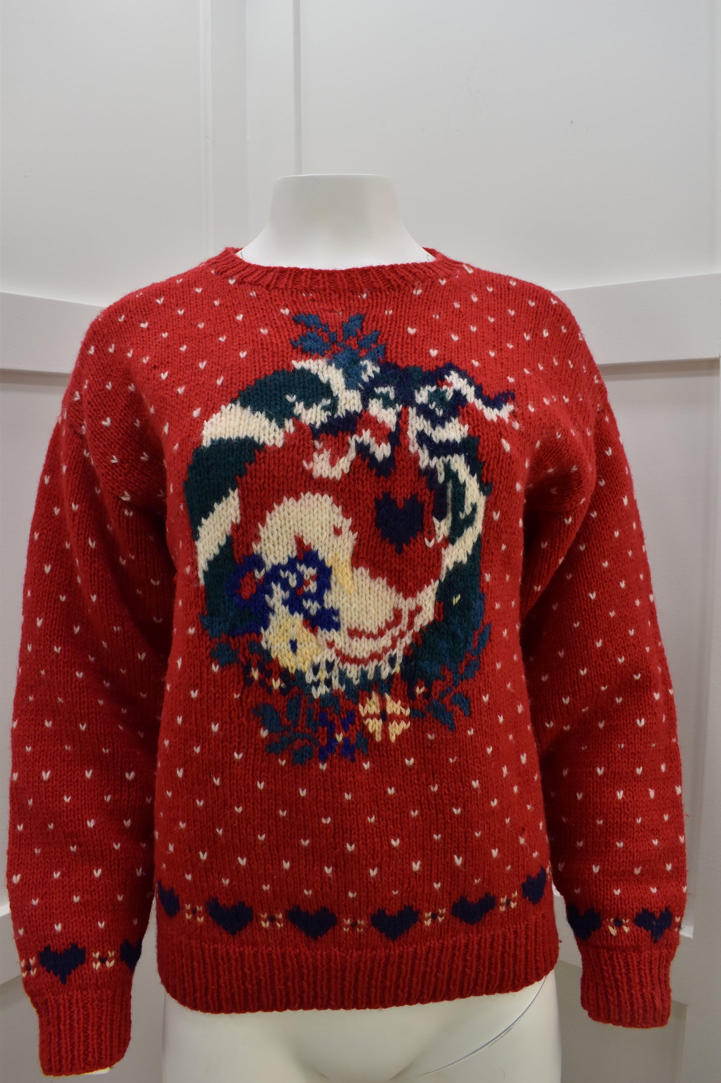 1989 Eddie Bauer Christmas Goose sweater in red wool. Women's Americana novelty knitwear