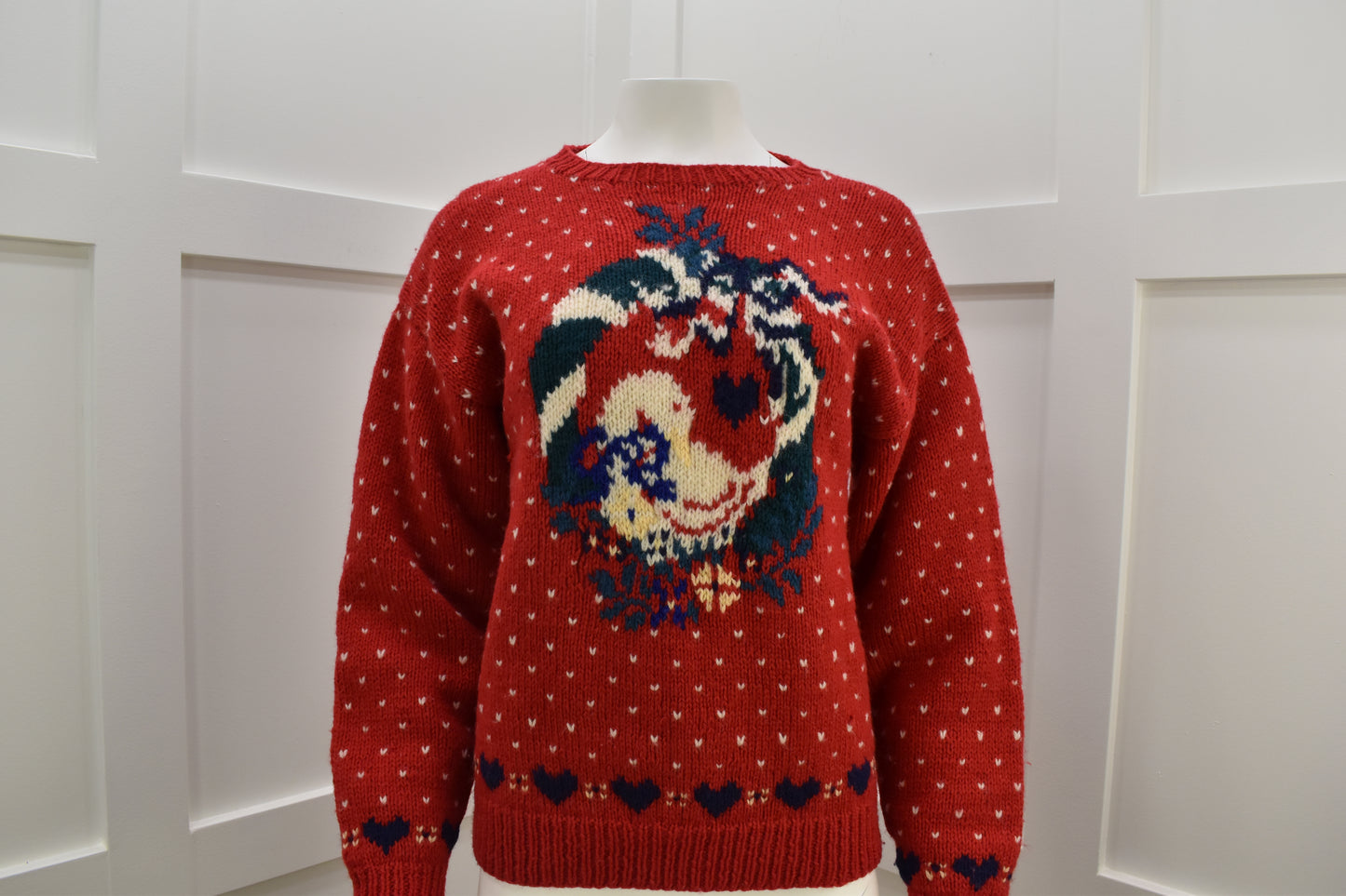 1989 Eddie Bauer Christmas Goose sweater in red wool. Women's Americana novelty knitwear