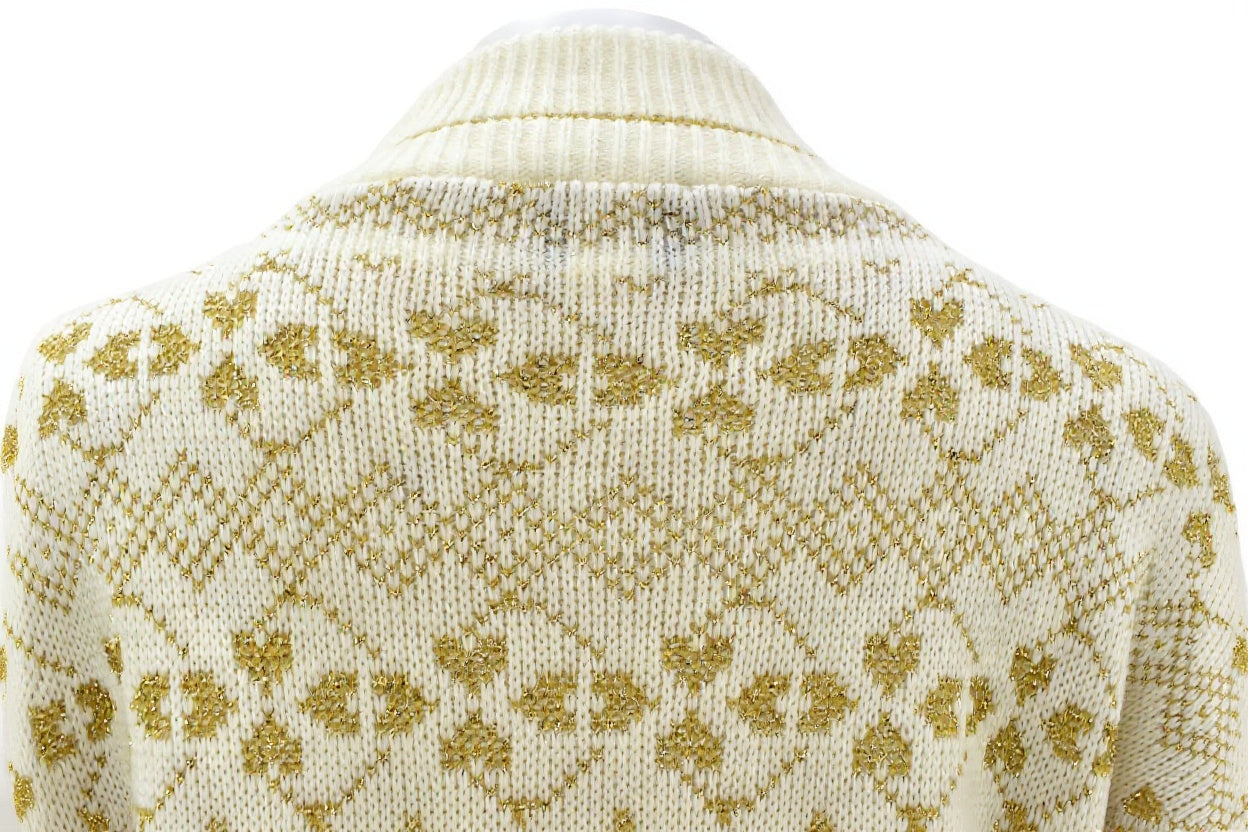 Women's vintage knitwear in floral print with gold & cream colorway Size Medium/ Large