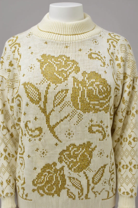 Women's vintage knitwear in floral print with gold & cream colorway Size Medium/ Large