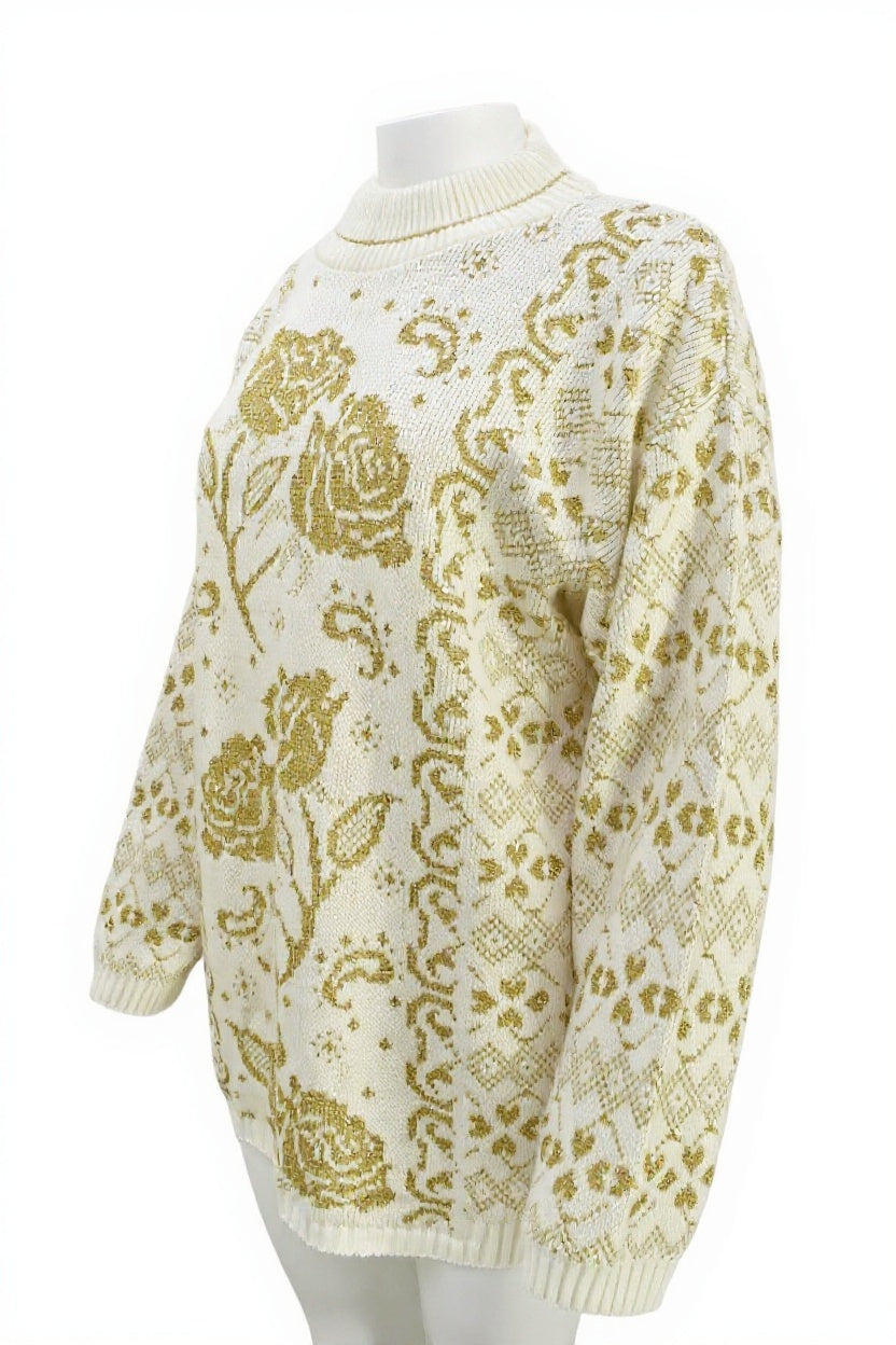 Women's vintage knitwear in floral print with gold & cream colorway Size Medium/ Large