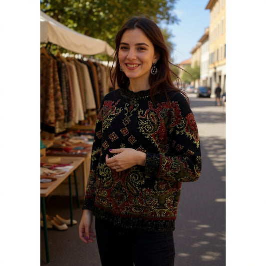 Women's vintage knitwear in baroque pattern with merino wool Made in Italy Size Small/ Medium