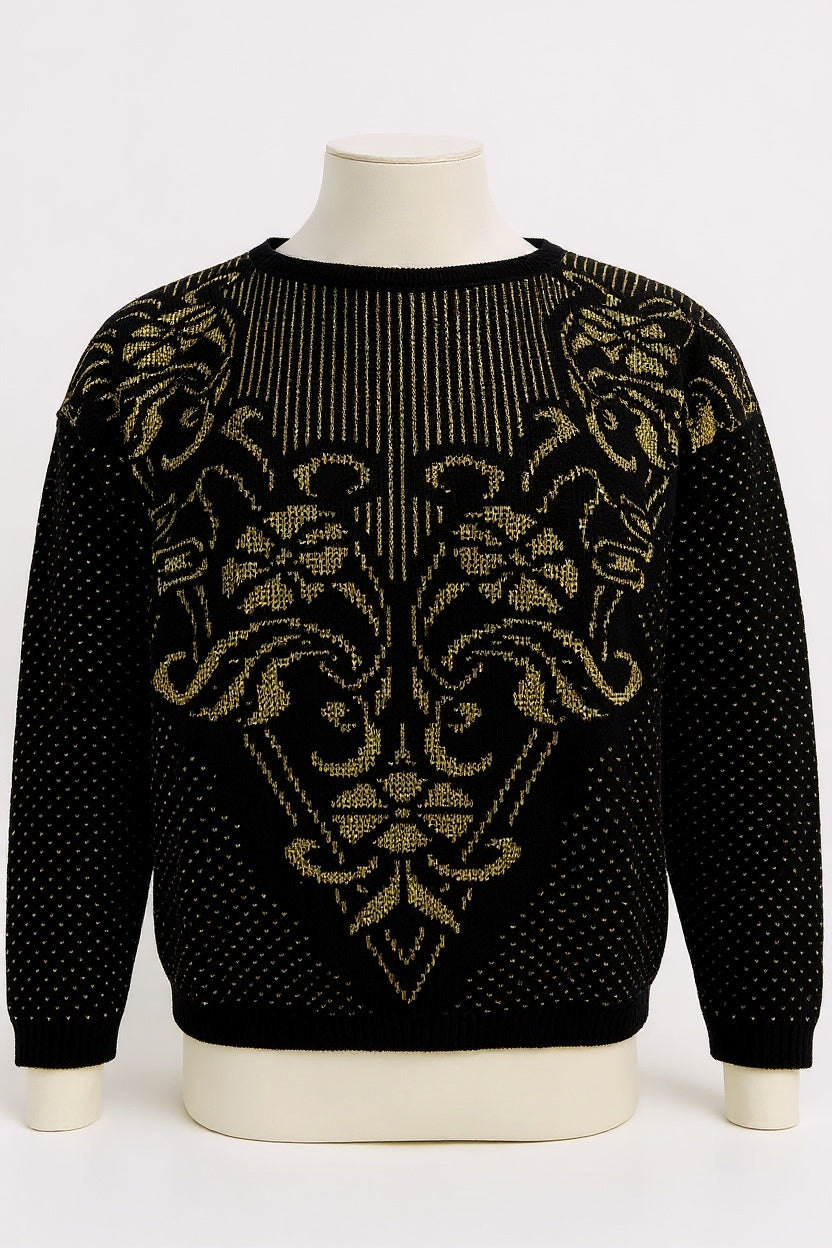 Women's vintage knitwear sweater in gold & black art deco pattern Size Medium