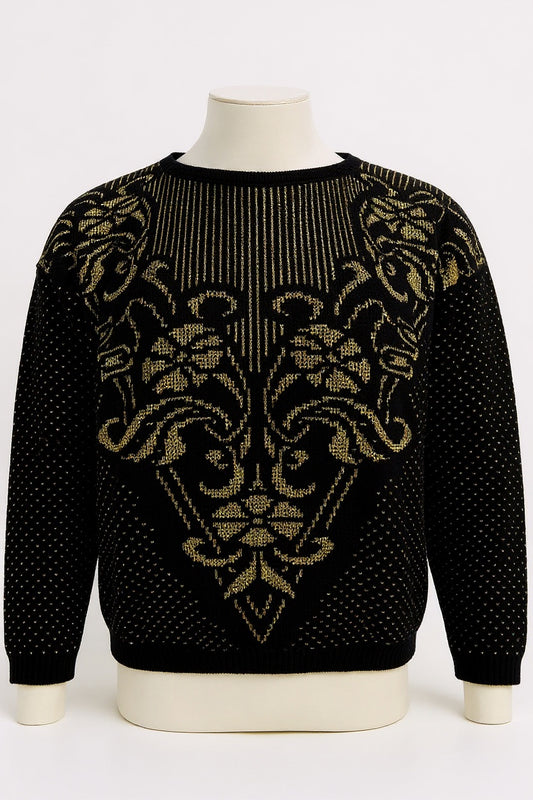 Women's vintage knitwear sweater in gold & black art deco pattern Size Medium