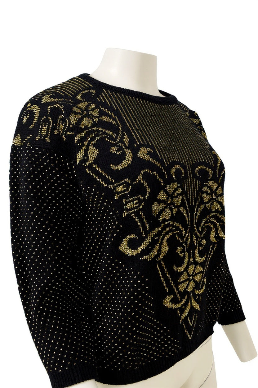 Women's vintage knitwear sweater in gold & black art deco pattern Size Medium