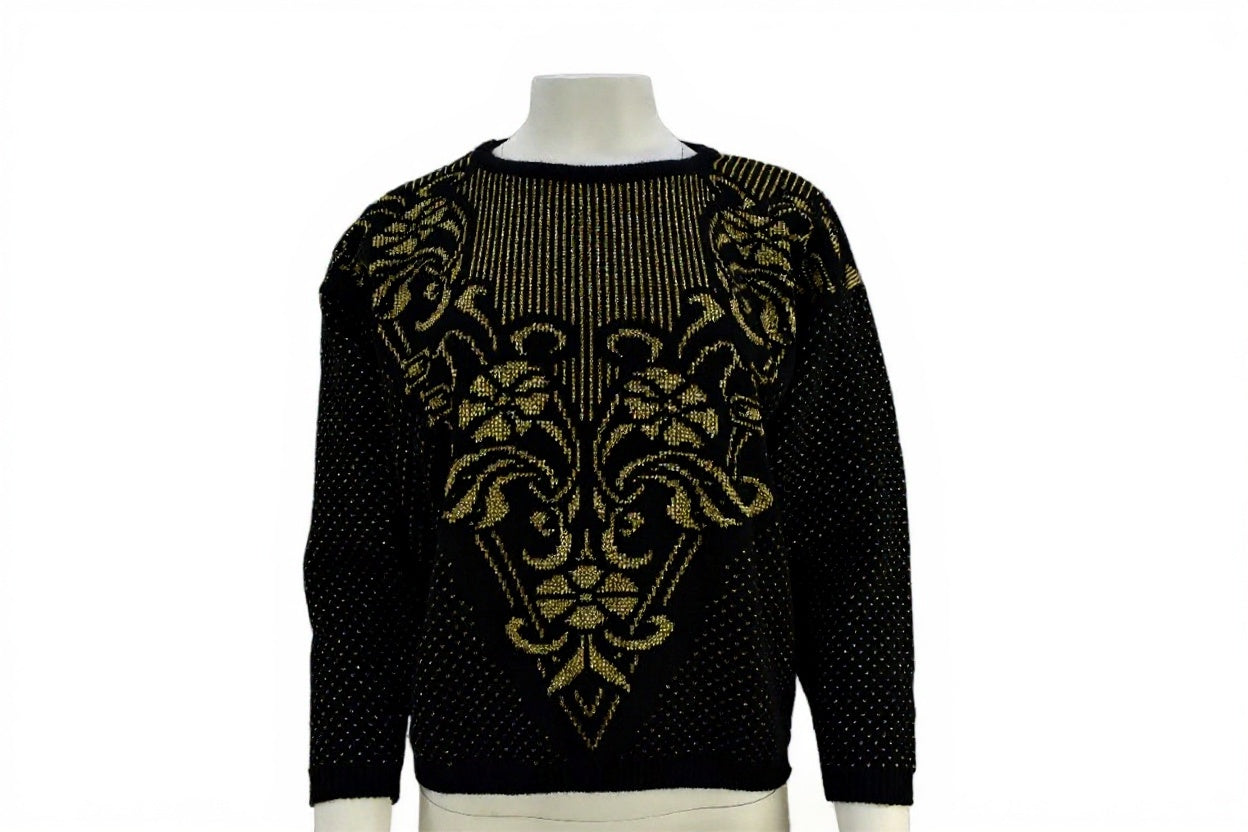 Women's vintage knitwear sweater in gold & black art deco pattern Size Medium