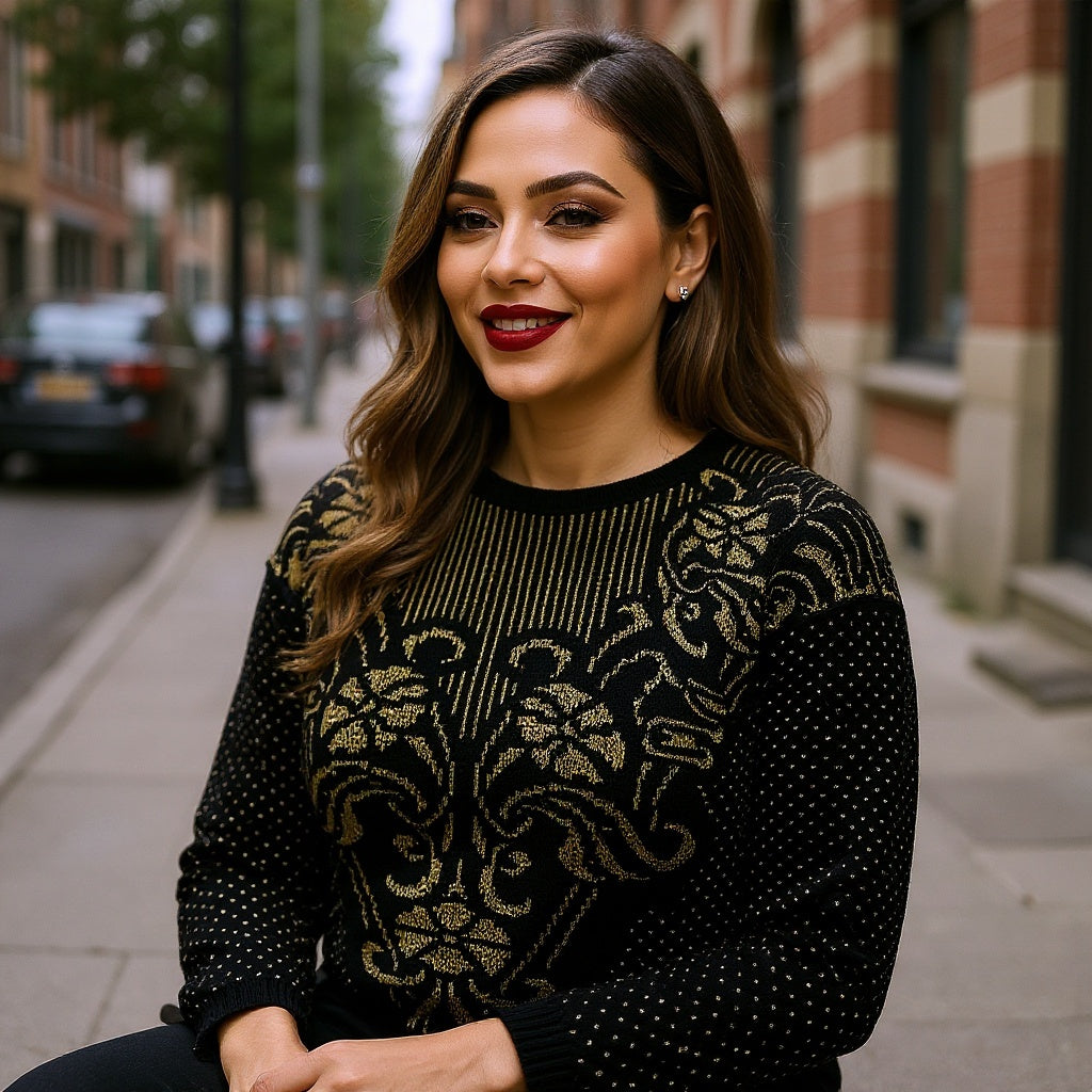 Women's vintage knitwear sweater in gold & black art deco pattern Size Medium