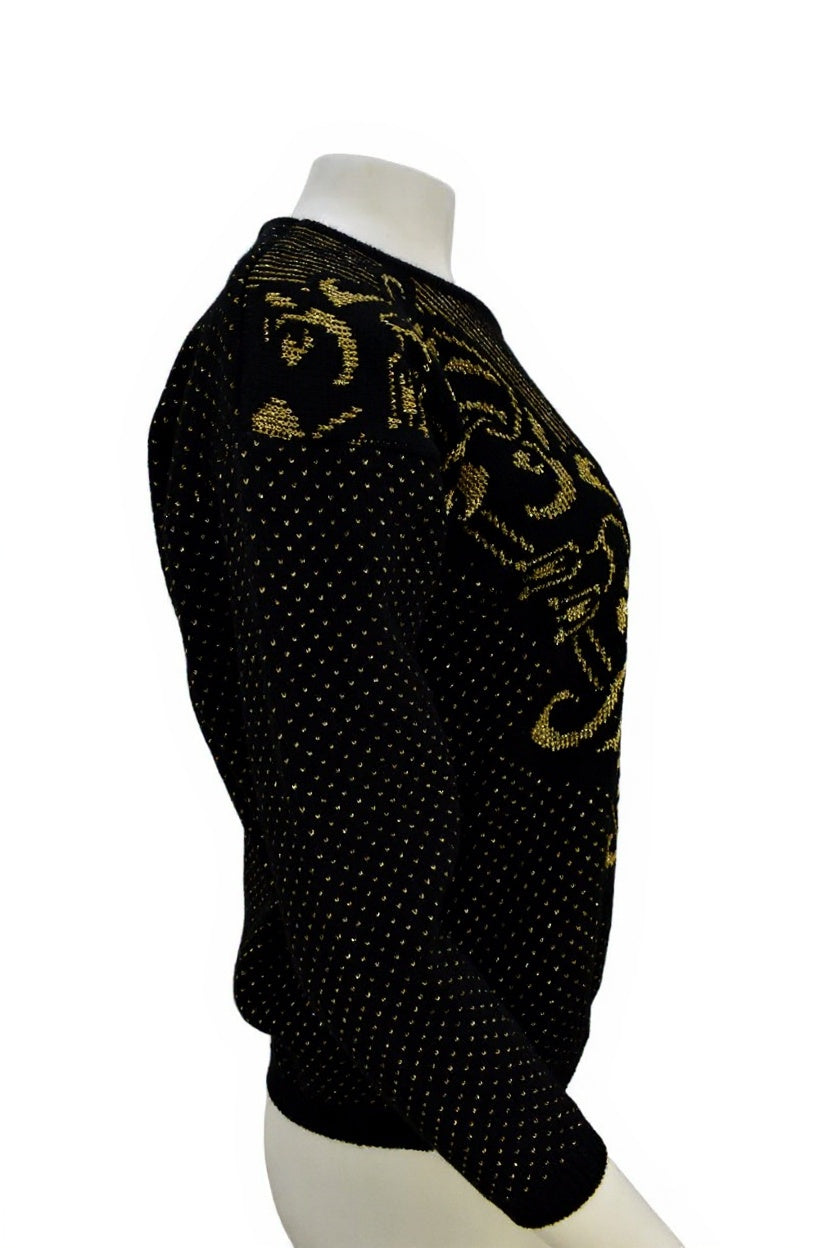 Women's vintage knitwear sweater in gold & black art deco pattern Size Medium