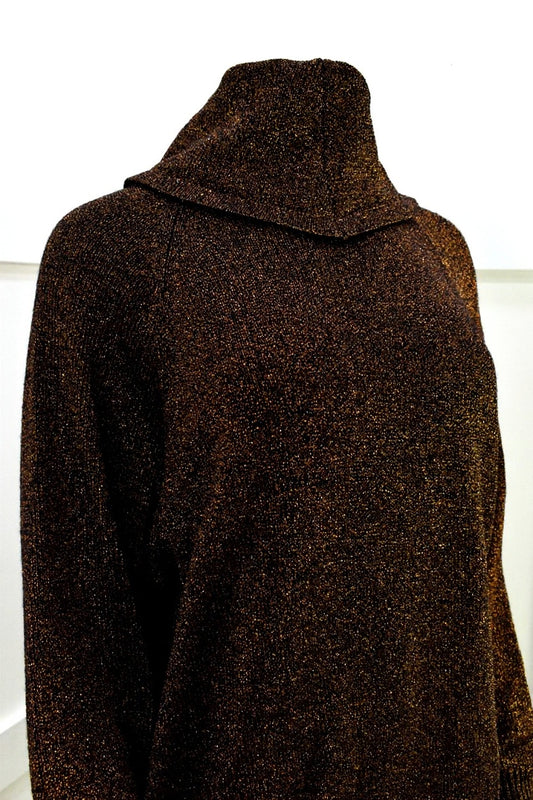 Women's vintage tunic sweater in black wool and cooper bronze metallic Size Medium