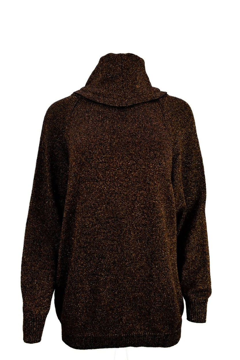 Women's vintage tunic sweater in black wool and cooper bronze metallic Size Medium